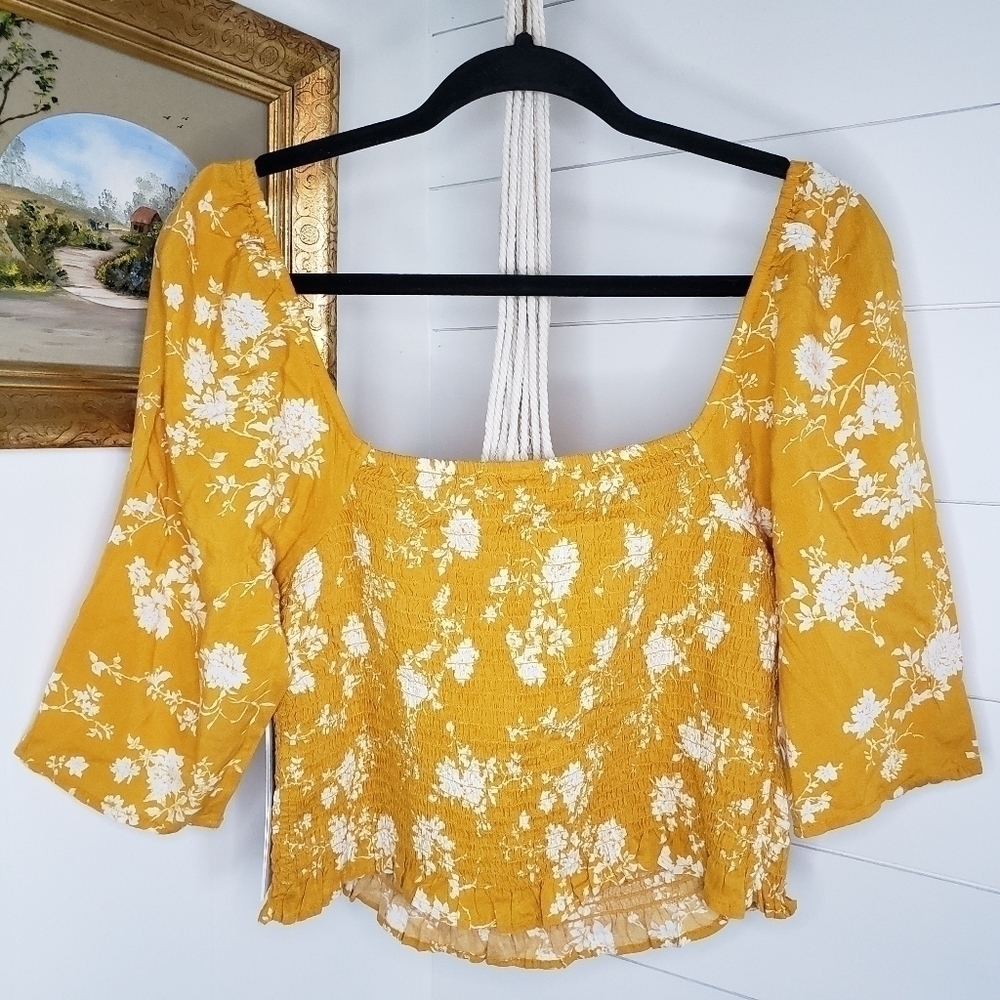 NWT BP X Claudia Sulewski Yellow Print Square Neck Smocked Top Large - Picture 5 of 6